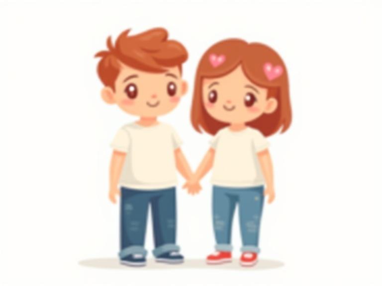 2D flat cartoon illustration featuring two characters standing together, one male and one female. Both characters have heart-shaped face silhouettes with standard facial features. Eyes have heart-shaped sparkles. Simple geometric rectangle bodies with soft corners. They wear white t-shirts, blue jeans, and blue sneakers. Warm colors and friendly expressions. Simple cartoon character design.