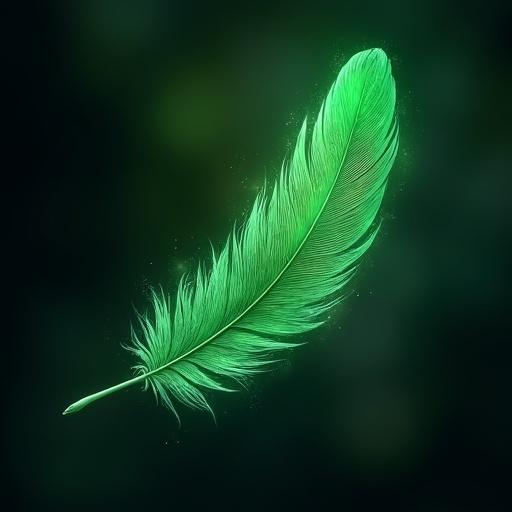 Single magical phoenix feather in mid-air. Feather is vibrant green with flowing patterns like tropical birds. Subtle stripes and gradients in emerald, jade, and forest green. Elegant barbs taper into glowing tip. Faint magical aura surrounds feather. Dark or blurred background highlights its color and glow. Appears ancient and sacred with life energy.