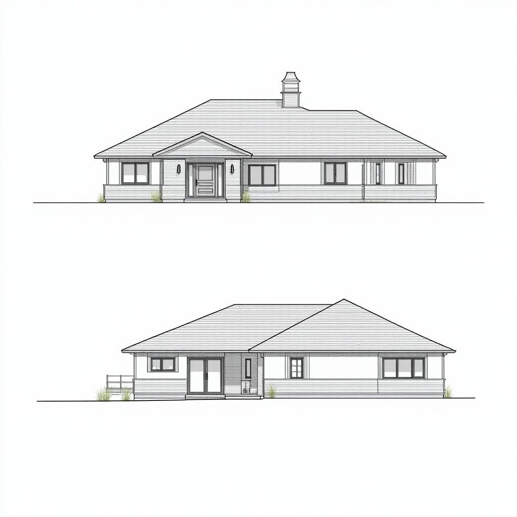 2 storey house design with elevation and section views shown in AutoCAD style drawings.