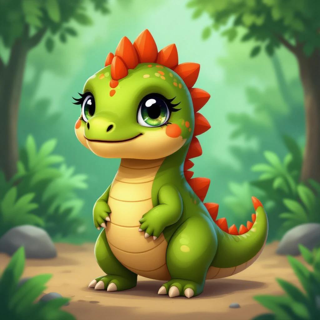 Create a small and cute dinosaur character. Focus on friendly expressions and vibrant colors. Design for a virtual pet game. Include no background.