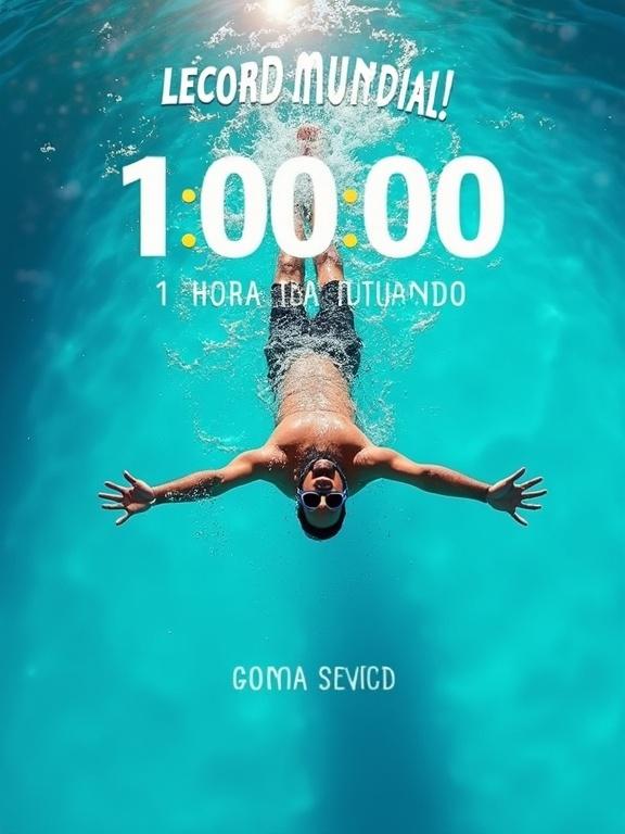 Dramatic vertical YouTube thumbnail shows a man floating on a bright blue swimming pool under the sun. Stopwatch overlay shows '1:00:00'. Big bold text at top says 'RECORD MUNDIAL!' and bottom says '1 HORA FLUTUANDO'. Man looks calm and focused lying on back with arms open and sunglasses. Water reflections and cinematic lighting create vibrant look. Visual effects like light rays, motion lines, and lens flare enhance drama for eye-catching appeal.