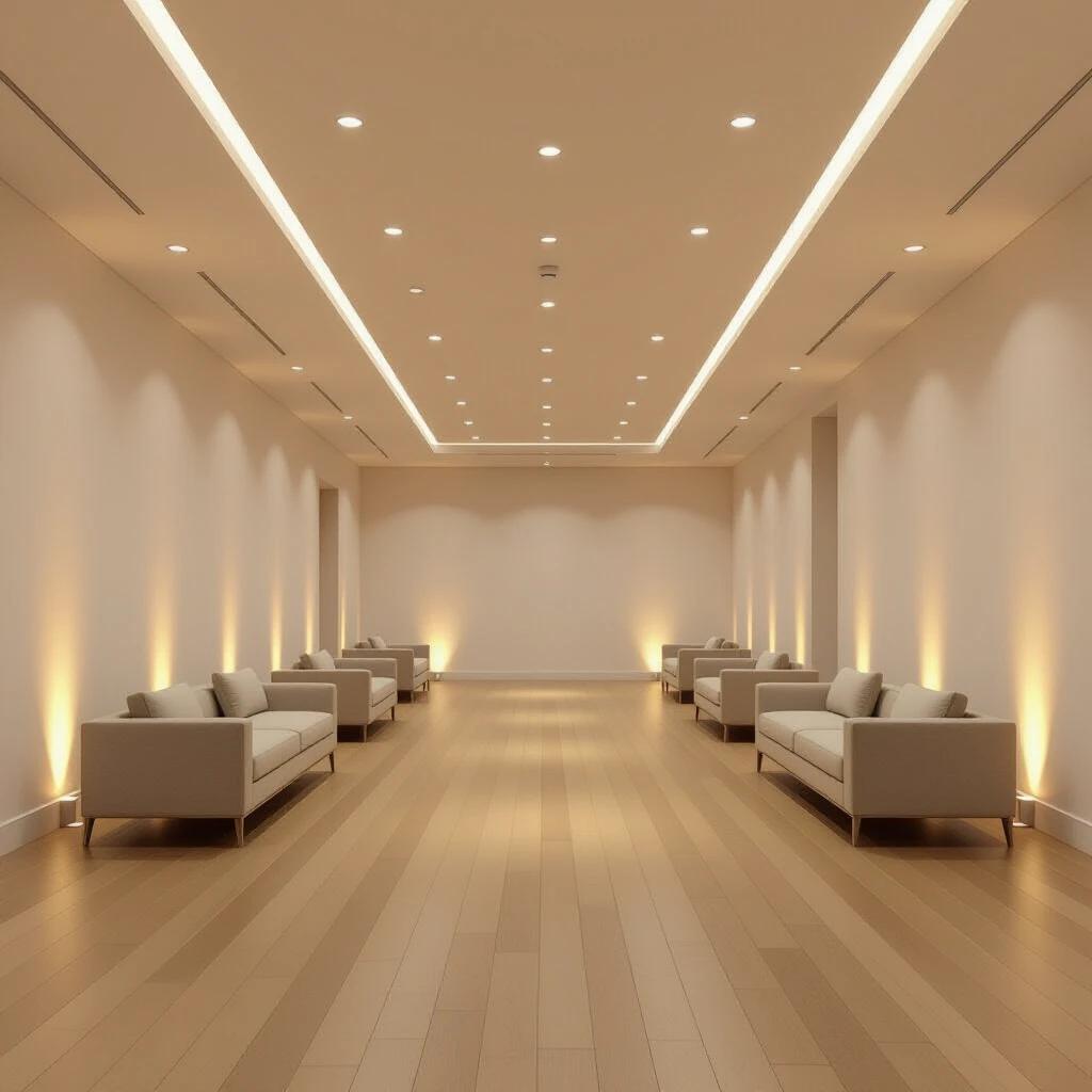Image of a large multipurpose hall. Hall has straight walls and smooth wooden flooring. Ceiling is flat with recessed lights. Design is minimal and luxurious. Elegant sofas are placed along the longer walls. Layout is open and spacious. Interior is clean and uncluttered. Lighting is warm and ambient. Suitable for various gatherings and events. Atmosphere is upscale and welcoming. Photorealistic rendering with detailed textures.