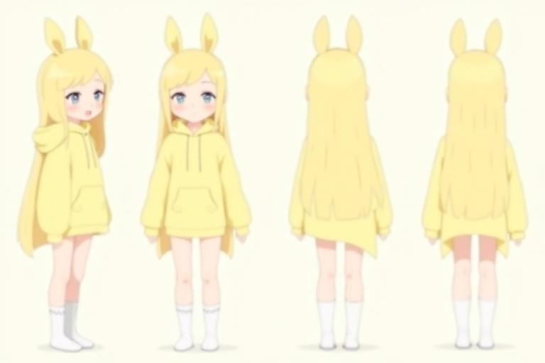 Character design in anime style of a calm young adult female with long pastel yellow hair. Features rounded animal ears. Wears oversized pastel yellow hoodie with white socks. Shown in multiple angles with various expressions. Evokes small animal-like charm in modern VTuber style.
