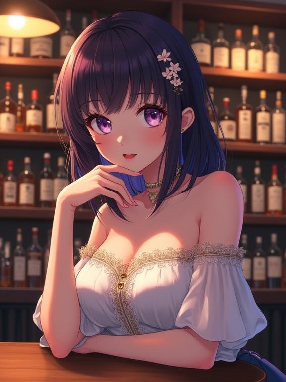 A beautiful lady with shoulder-length dark violet hair and decorative flowers. She has light violet eyes and a gentle smile. Wearing an off-the-shoulder white top with gold embroidery. Sitting at a bar with bottles in the background. The atmosphere is warm and inviting.