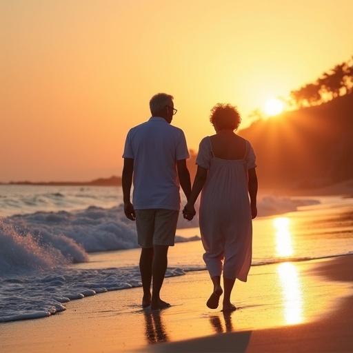 An elderly couple walks hand in hand on a beach during a beautiful midsummer evening. The sun sets over the horizon, casting a warm golden glow. Ocean waves gently lap at the shore, creating a serene atmosphere.