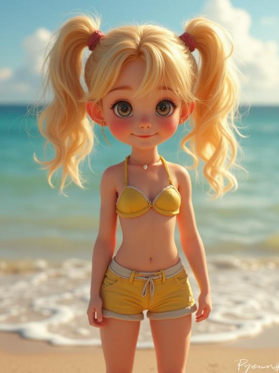 Character with blonde twin tails hairstyle wearing yellow bikini top and shorts at the beach. The character has a cute and innocent appearance. The scenery includes clear ocean water and sandy beach.