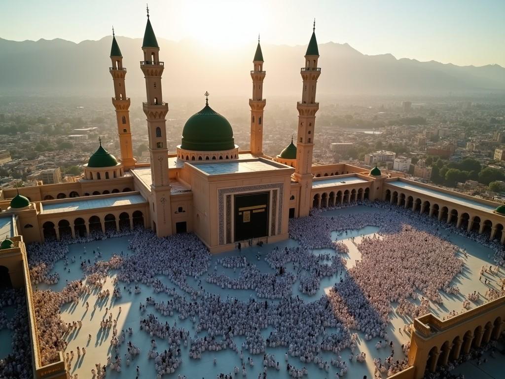 The image shows a large, ornate mosque with a central cube-like structure surrounded by worshippers. The mosque has tall minarets and numerous domes on its expansive structure. The courtyard and surrounding areas are filled with people. The light suggests either early morning or late afternoon, casting long shadows. The city extends beyond the mosque, with mountains visible in the background.