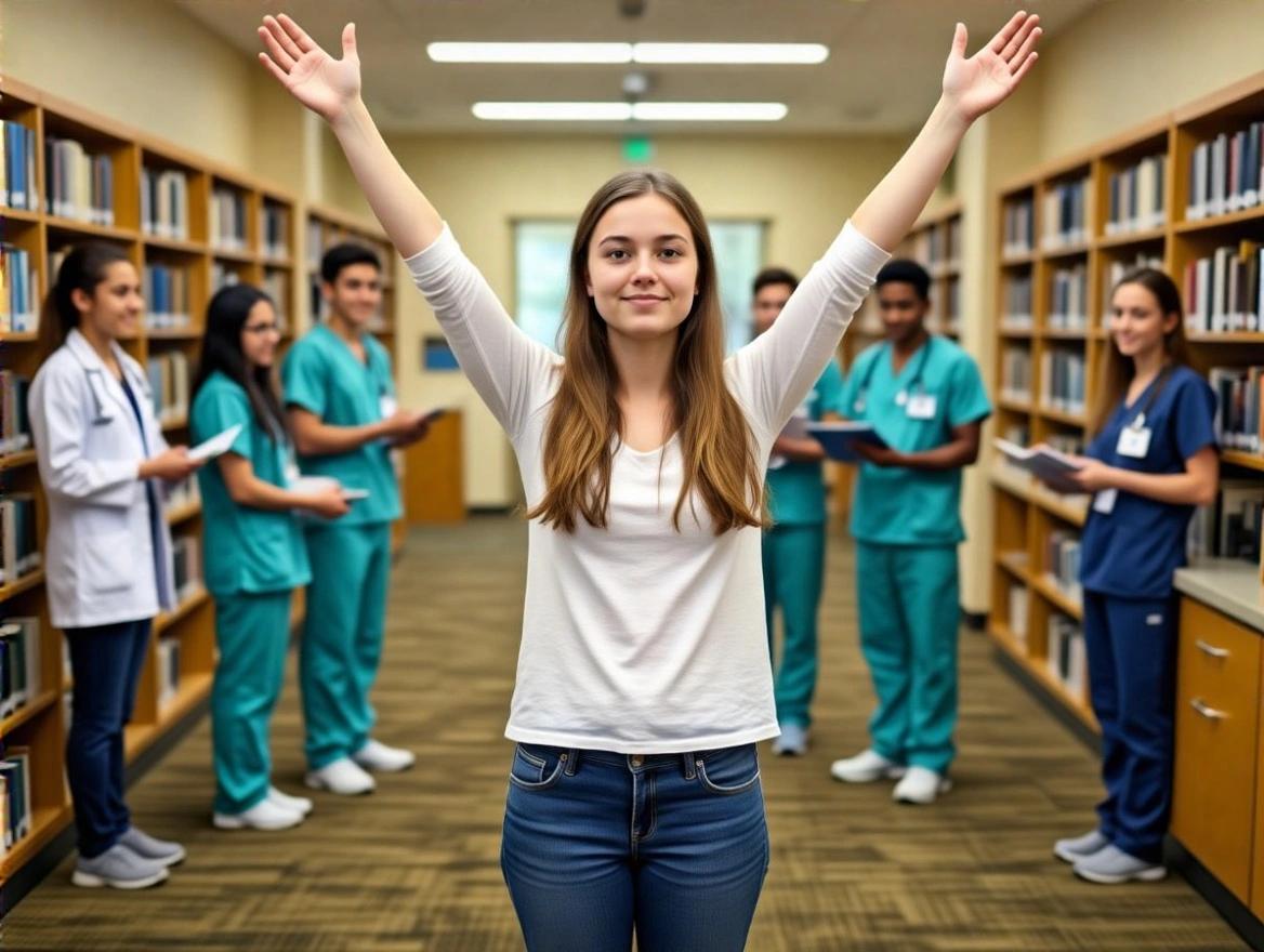 a young patient woman standing with raised arms, surrounded by medical students, realistic, library in the background, carpet in foreground