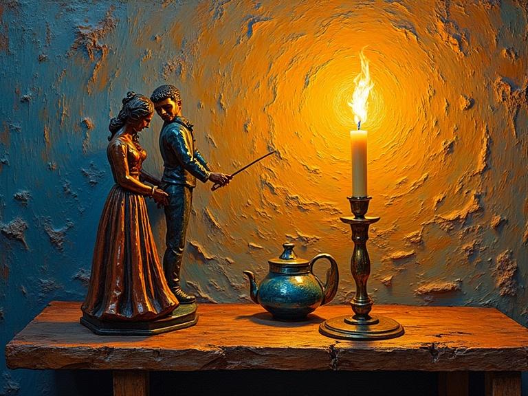 A still life scene with a wooden table. On the table are statuettes of a couple, a candle with a golden flame, and a teapot. The wall behind has a textured design. The candlelight creates dynamic shadows and highlights features.