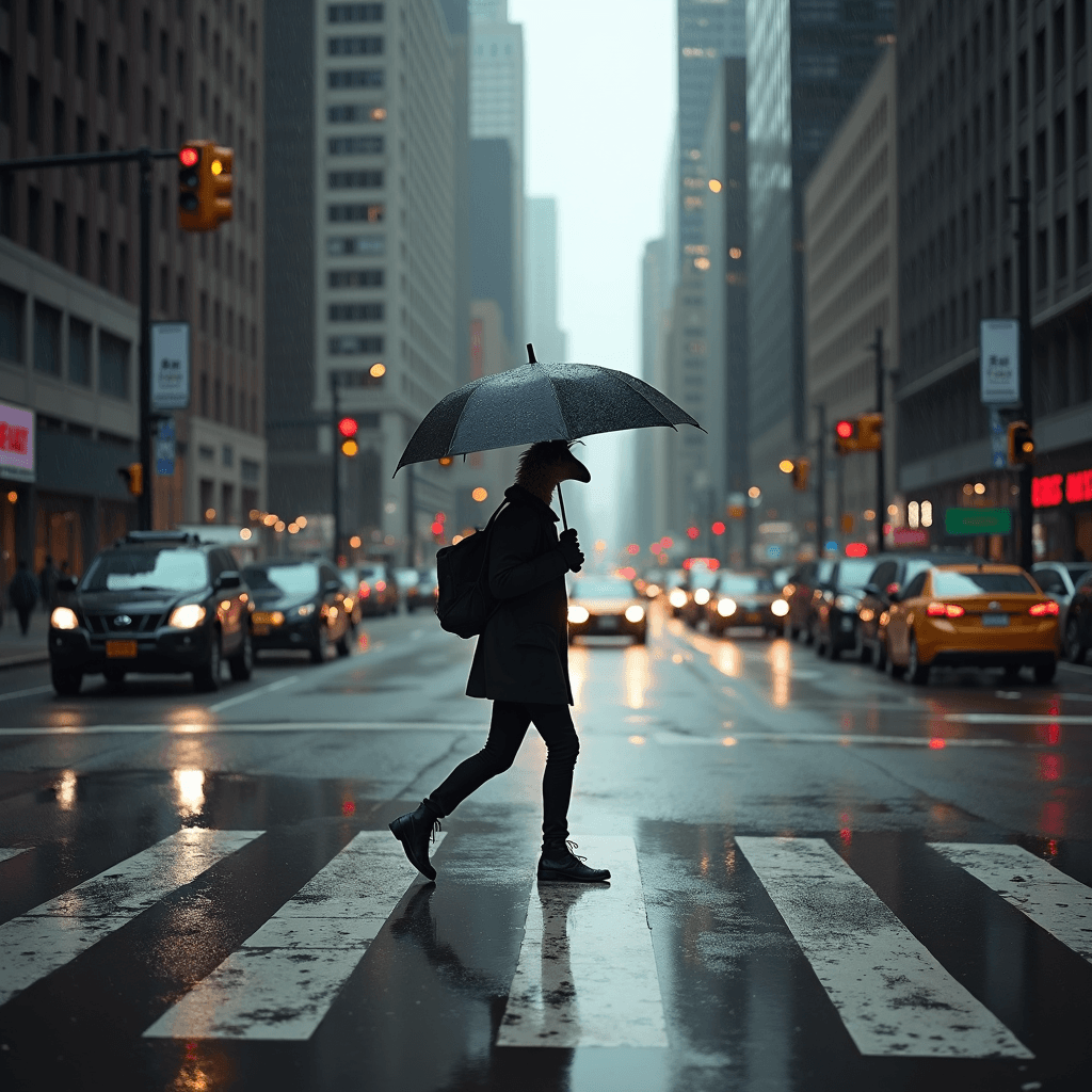 A person walks across a city street under an umbrella on a rainy day.