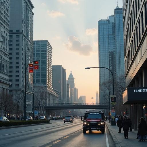 Image depicts a futuristic cityscape capturing Moscow in the year 2050. Modern buildings stretch towards the sky as traffic flows along the streets. A warm sunset casts glowing light on the city, highlighting its architectural beauty.