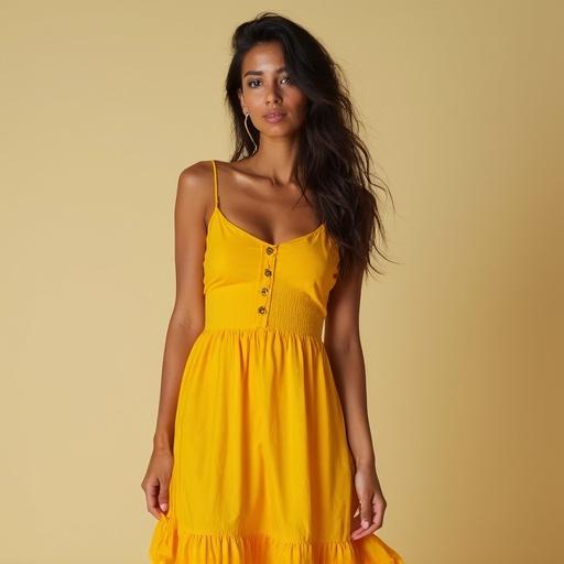 Brunette woman poses in a yellow translucent sun dress. She has tan skin. The background is light beige.