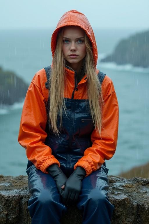 Young woman with long blonde hair in pigtails wearing orange mackintosh and navy blue dungarees sitting on cliff looking at sea during rain