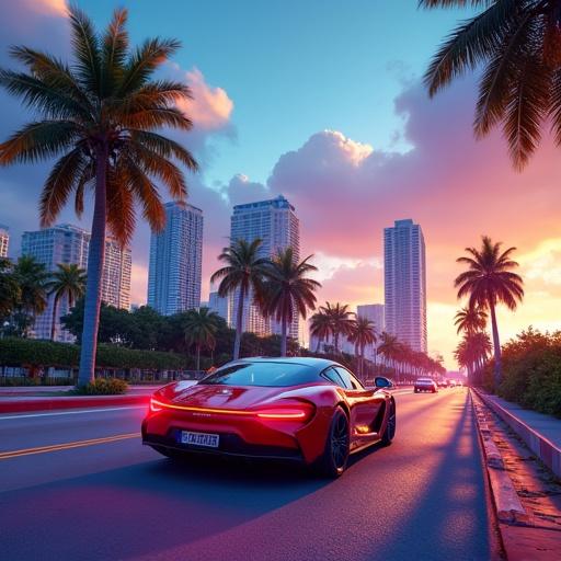 Photo realistic GTV 5 game cover with Miami city background featuring a detailed sports car in the foreground