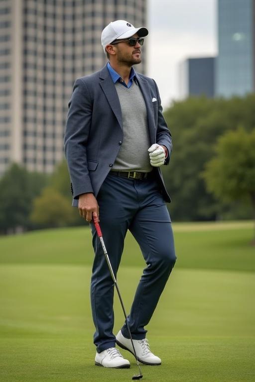 A golfer dressed in corporate Memphis style stands on a golf course. The outfit includes a blazer, sweater, and stylish pants. The golfer holds a golf club and is positioned on the green grass.