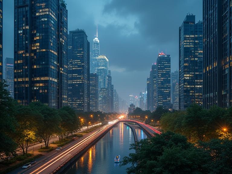 Nighttime urban panorama features glowing data flows. Autonomous transport glides silently below AI-managed greenery and eco-architecture. Majestic city skyline with modern skyscrapers.
