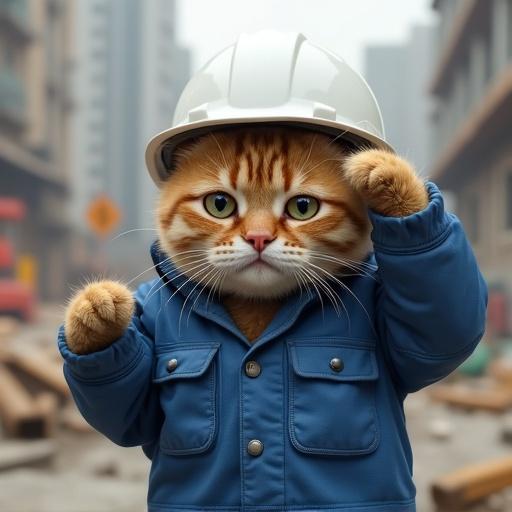 Realistic cat with a white helmet and blue jacket stands on a construction site. The cat shows a tired expression while scratching its head with one paw in Genba Neko style.