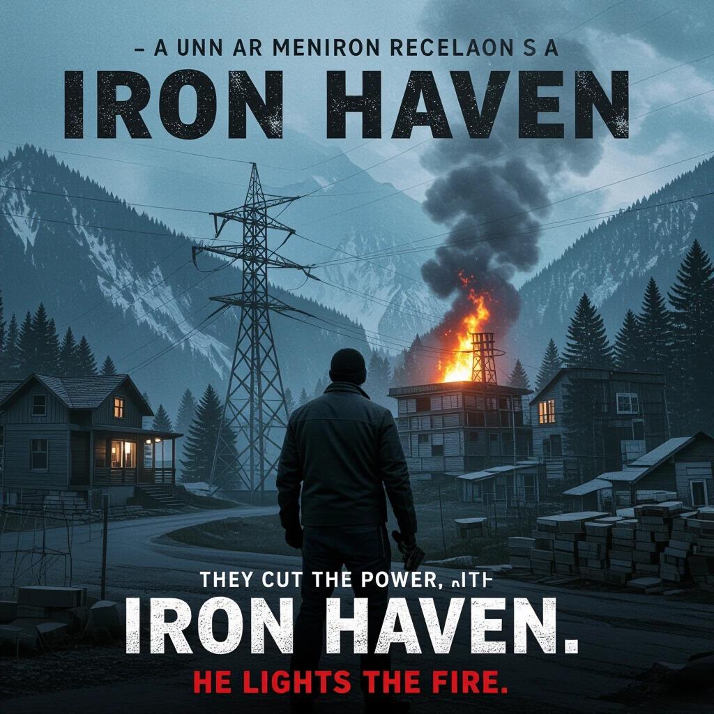A movie poster for Iron Haven featuring a mountain backdrop. A man stands facing a burning building in a small town. Tall power lines stretch into the foggy night sky. Bold text displays the title and tagline. The atmosphere is dark and dramatic with an action-oriented theme.