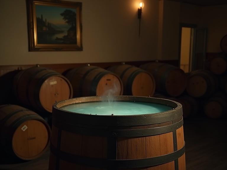 Dimly lit room background with a wooden barrel filled with water in focus. Framed painting on the wall adds depth. Soft diffused lighting creates gentle shadows enhancing barrel texture. Neatly arranged wooden barrels create a captivating scene.