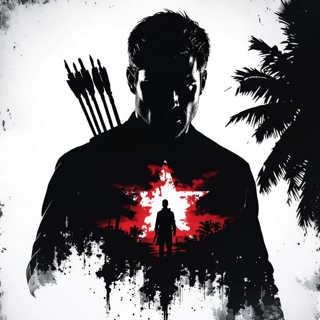 Dark themed album cover with dark silhouette featuring arrows. Red motif symbolizes violence and crime. Palm trees in background suggest a tropical setting. Concentrated on the antihero theme.
