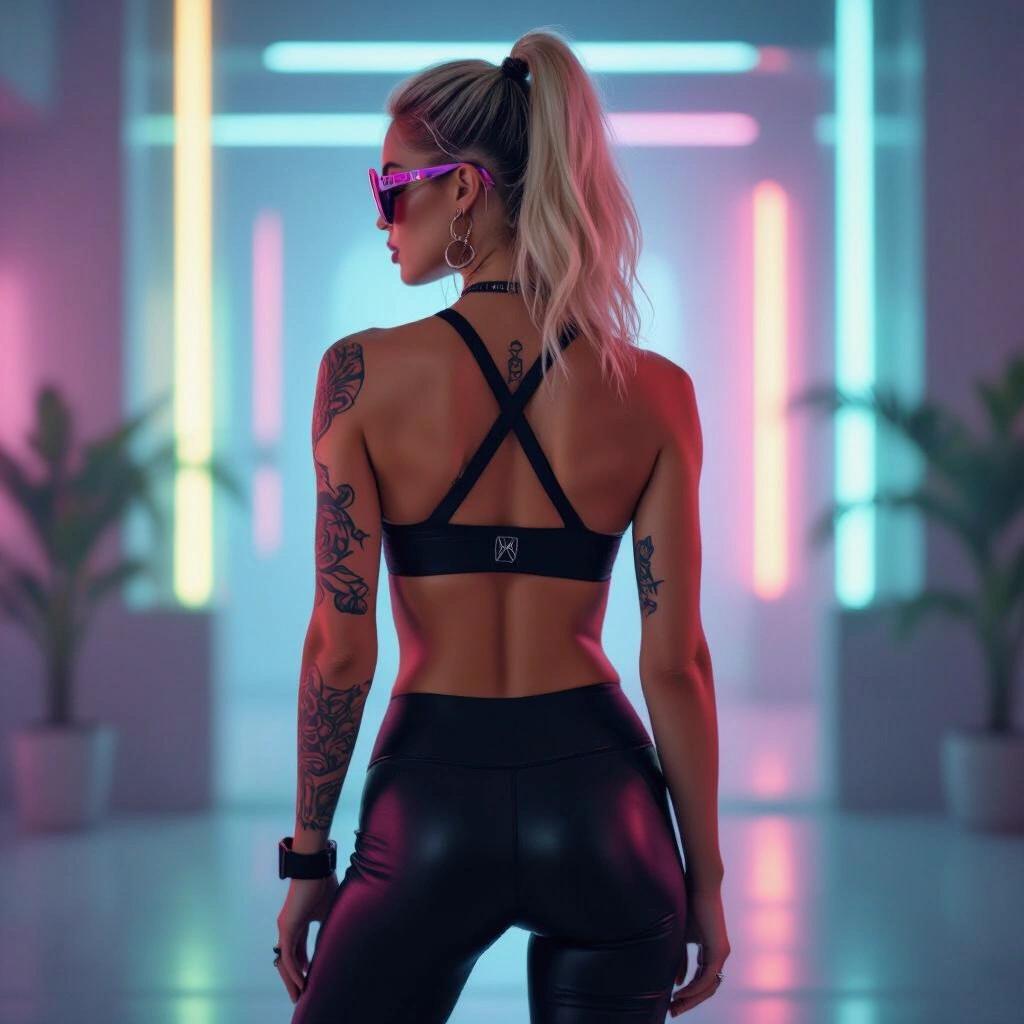 Portrait of a futuristic classy cyber woman facing away. She wears a crop top and yoga pants. Displayed tattoos on her back. Sporting stylish sunglasses. Soft colorful lighting adds a dreamy atmosphere.