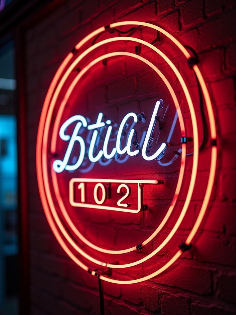 Close-up of a round neon sign with Bital 102 written in a glowing light. The sign has a vibrant red and white glow. It is mounted on a textured wall. The neon tubing is clearly visible with a lighted effect.