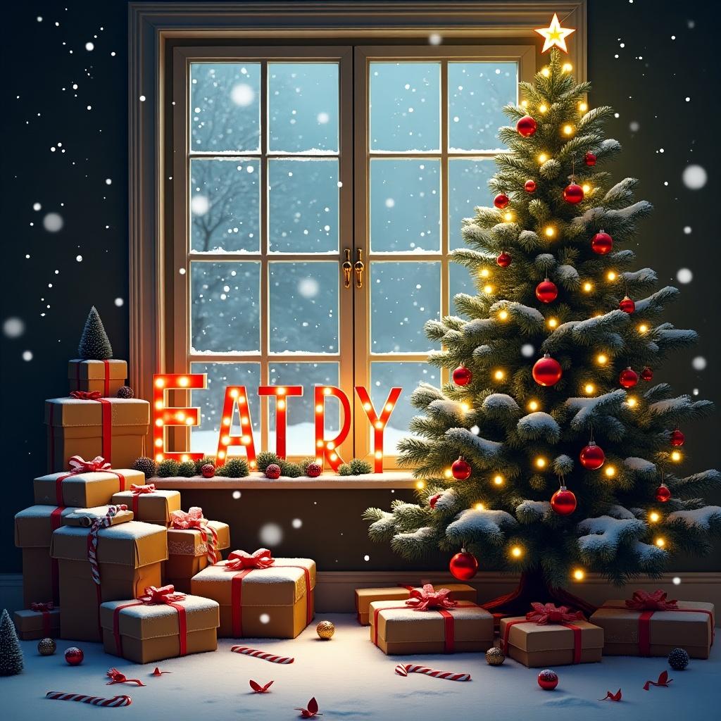 A cozy Christmas scene featuring a beautifully decorated tree beside a window. Snow falls outside, while gift boxes and festive decorations create a warm atmosphere.