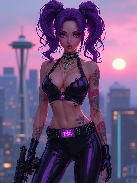 Anime inspired woman in futuristic setting. She poses confidently on a rooftop. Background features Seattle skyline with a vibrant sunrise. She wears a shiny bodysuit adorned with colorful tattoos. Her hair is styled in curly pigtails in amethyst purple color. Amethyst jewelry adds elegance to her look. She holds a fitted sniper gun. Ready for action.