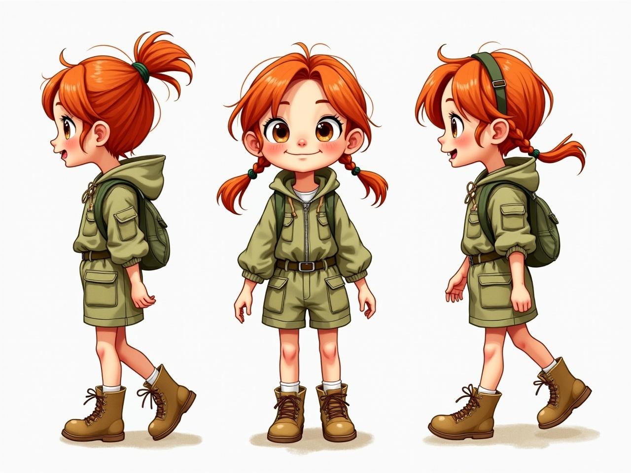 A charming illustration of a young girl depicted in three different poses, showcasing her adventurous spirit. She wears a green safari outfit, complete with sturdy boots and a small backpack, ready for exploration. Her vivid red hair is tied into playful ponytails, adding to the whimsy of the illustration.