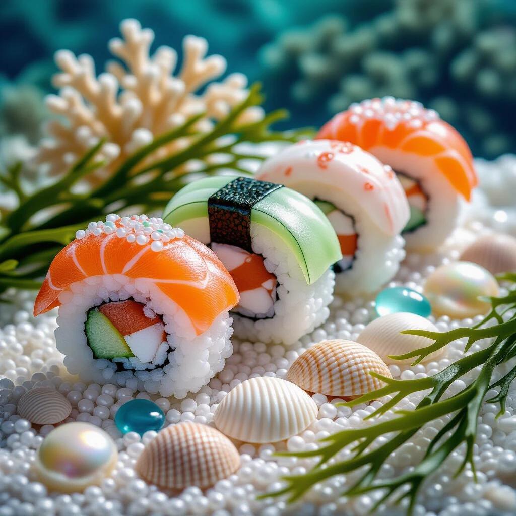 Still life of sushi rolls made of coral sea glass and shells. Rice is polished pearls. Seaweed is kelp strands. Presented underwater with detailed realism.