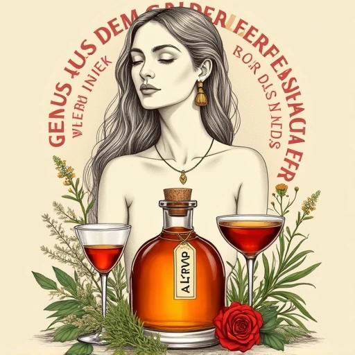 Stylized illustration of an apothecary bottle filled with golden-reddish herbal liqueur. The bottle has a cork lid and a tag labeled 'ALFRUNO'. Two elegant glasses filled with the same drink are beside the bottle. Surrounding elements include green herbs, wildflowers, and a red rose. Background shows a muted beige with circular red text reading 'Genuss aus dem Garten der Natur - wild und besonders'. The design is symmetrical and balanced with a vintage aesthetic.