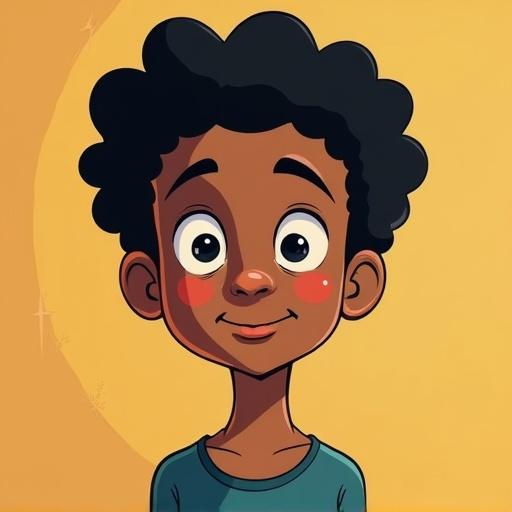 A cartoon-style portrait of a young boy with curly hair and a cheerful expression. The background is a warm yellow color to create a friendly atmosphere.