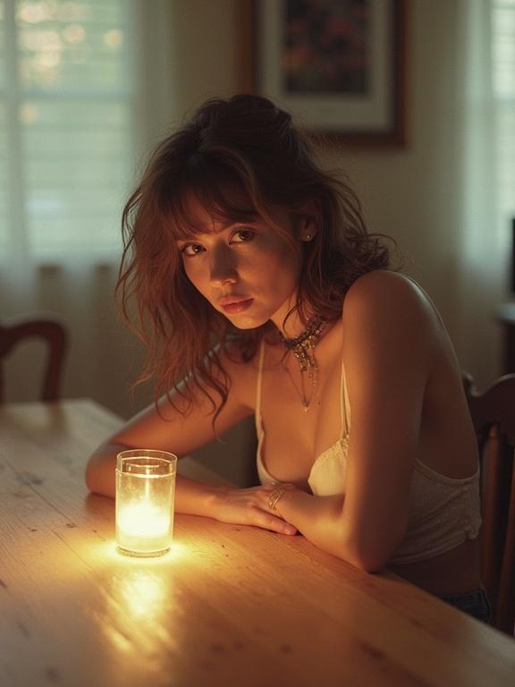 Webcam photo of a woman with brown hair sitting at a table. She leans against the table and stares directly at the camera. A lit candle is on the table. The environment is simple and cozy with soft lighting.