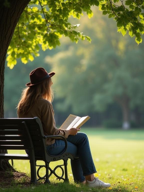 woman seated on a bench in a park reading a book with warm sunlight and trees in the background