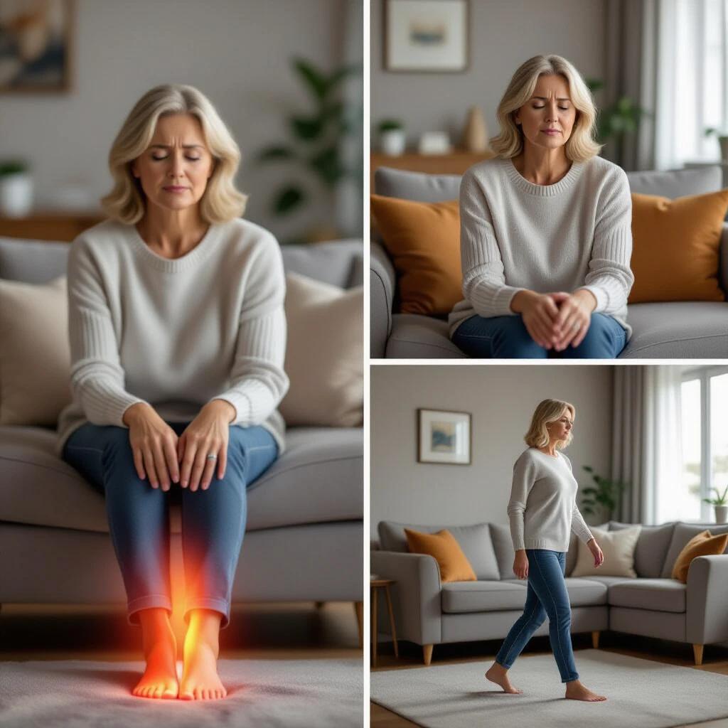 A 50 plus year old woman stands in her living room. She looks visibly uncomfortable and holds her feet in pain. Her foot has a glowing red animation effect to emphasize pain. Next, she is sitting on a couch looking unmotivated and tired. Her shoulders slouch and her stare is blank. Lastly, she walks slowly across the room with a noticeable limp showing discomfort with each step. The lighting is realistic and captures the natural indoor setting.