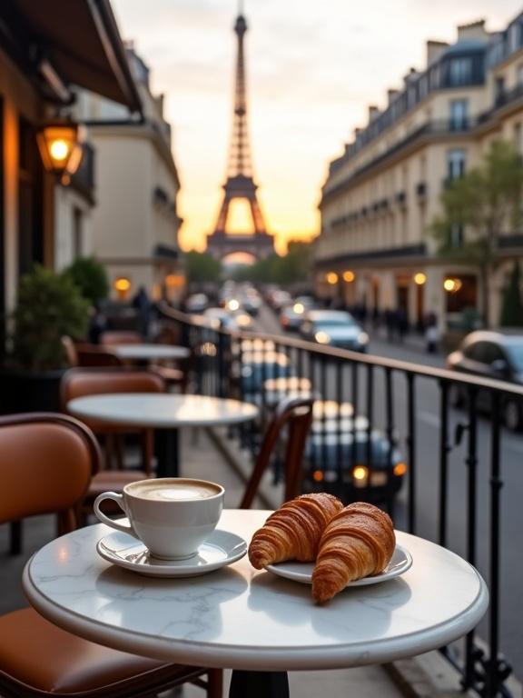 Elegant Parisian café breakfast scene with Eiffel Tower in the background during sunrise. Table with marble top, two croissants on a plate, and a coffee cup. Charming terrace with classic Parisian architecture, warm lighting, and peaceful atmosphere. Iconic landmark enhances the romantic setting.