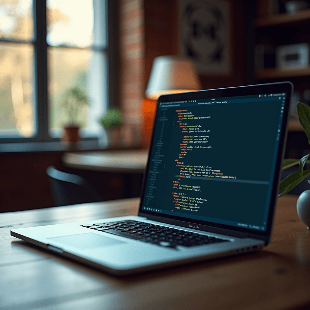 A laptop displaying colorful code is placed on a wooden desk in a cozy, modern room.