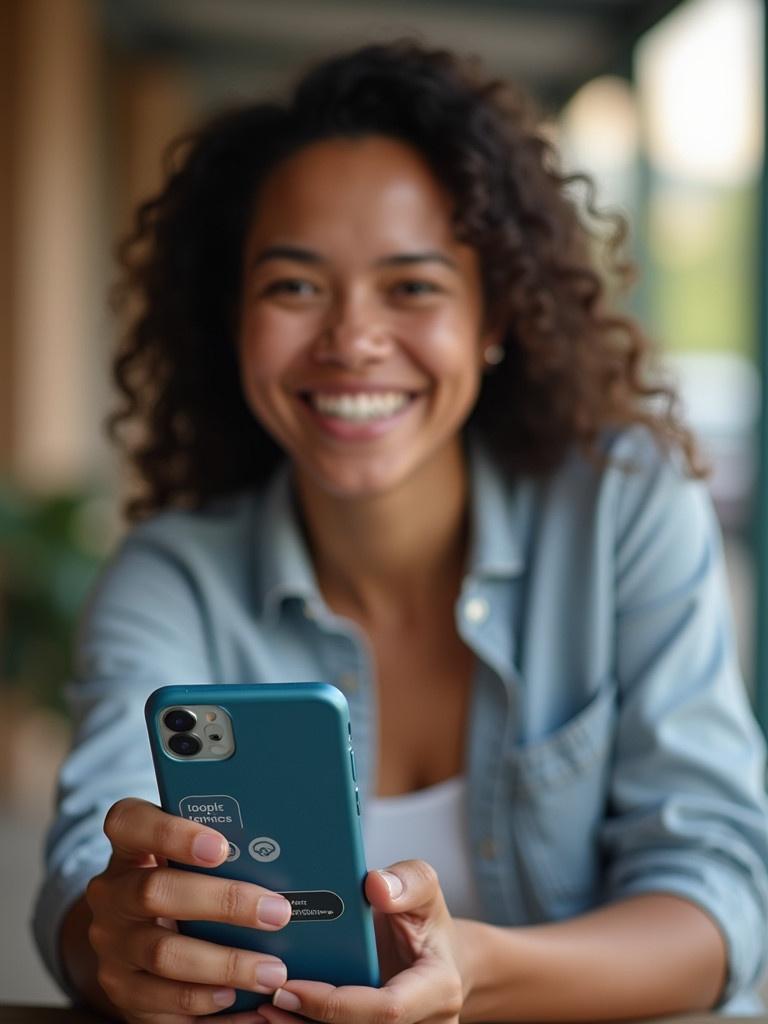 Person holding a smartphone with a text message visible. Natural setting with soft lighting. Relaxed and casual atmosphere. Focus on the phone and person’s hands.