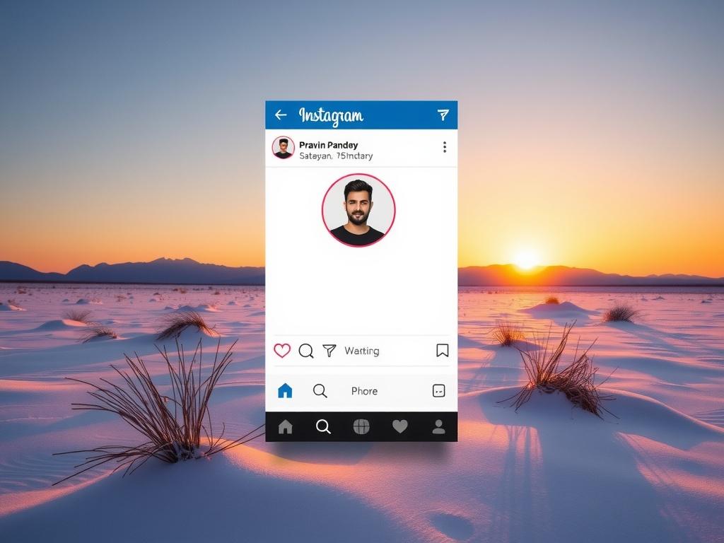 A digital Instagram profile displayed against a serene snowy sunset landscape.