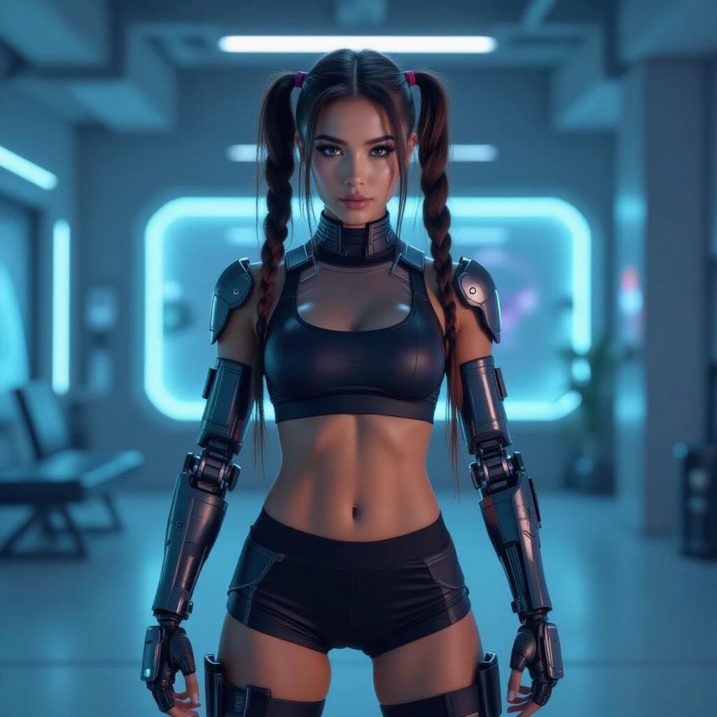 Attractive young woman with pigtails in a transparent sports top and shorts. Robotic hands practicing martial arts in a futuristic dojo.