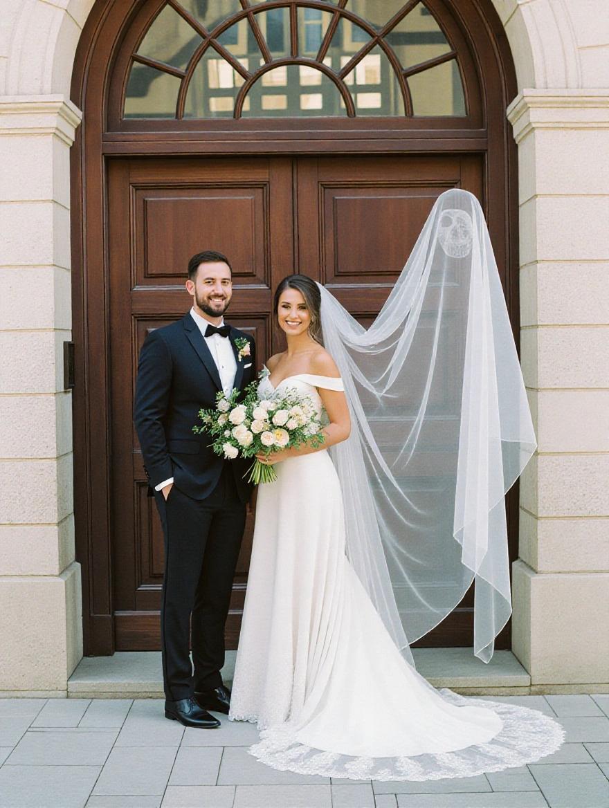 Couple in wedding attire poses in front of an elegant doorway. Bride holds bouquet and wears a long veil. Groom stands beside her in a tuxedo. Both look happy and stylish.