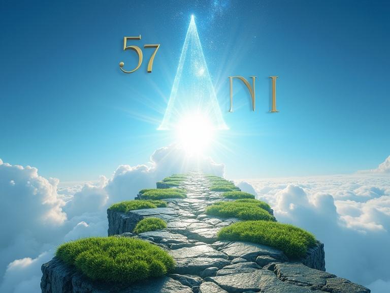 Floating pathway made from moss and crystals rises to the infinite heavens. Intense pure light at the center of the sky. Cloudless cobalt-blue sky. Elegant golden letters in the sky: 57 ANI.