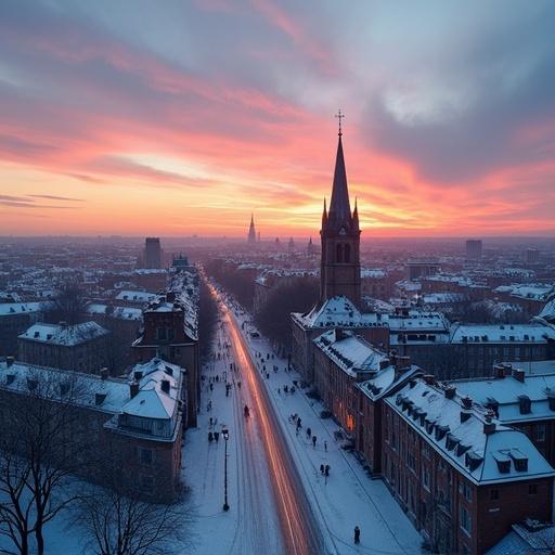 Panoramic view of Toompea at sunset during winter. Snow-covered rooftops with a long street lined with lampposts. A tall spire in the distance under colorful clouds.