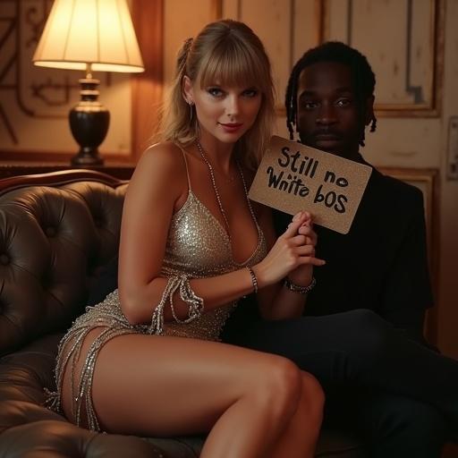 Shooting a music video scene featuring a slender beautiful woman sitting on a couch in a nightclub. A man beside her holding a sign. She is wearing a stylish sparkly dress with a deep neckline and high heels. The setting is a motel room with ambient lighting.
