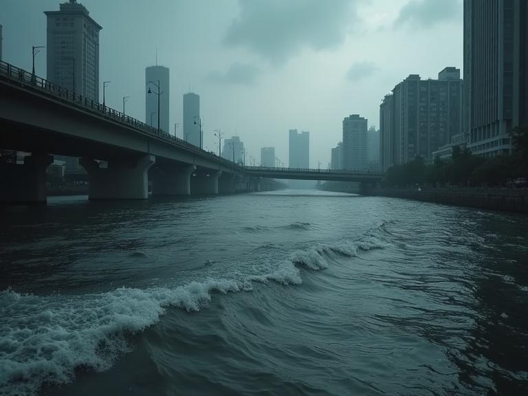 Dark cinematic atmosphere highlighting a river bay scene. Huge spines create waves in the water under a bridge. City buildings line the background with a dark cloudy sky. Reflective river adds to the atmosphere with textures and shadows. Realistic details capture the urban setting in a moody tone.