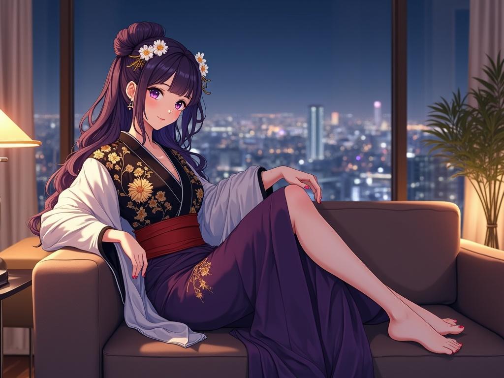 Full-body view of an elegant lady with dark violet hair in an updo. She has kanzashi hairpins and floral decorations. She wears a luxurious kimono with floral patterns and a red obi belt. Seated on a sofa in a high-end lounge with a city view. Relaxed pose, cozy atmosphere, modern furniture.