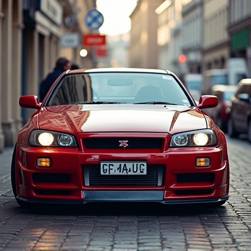Artwork of a Nissan Skyline R34 with a German license plate set in Munich. The scene captures the car from the front in a vibrant urban environment.