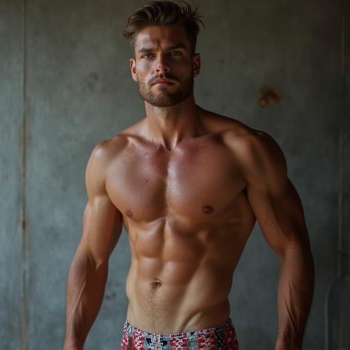 Generate a muscular male model shot with defined abs. Avoid explicit details. Focus on the fitness aesthetic. Use natural lighting for effect.