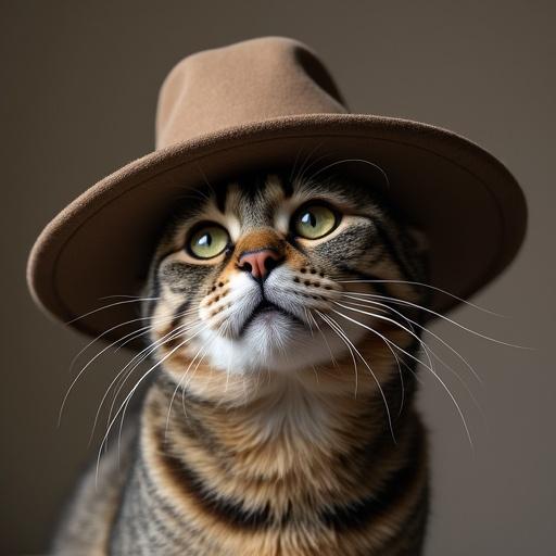 Cat wearing a stylish brown hat. Focus on the cat's expressive face and eyes. Soft natural lighting creates a warm atmosphere. The background is neutral and unobtrusive.