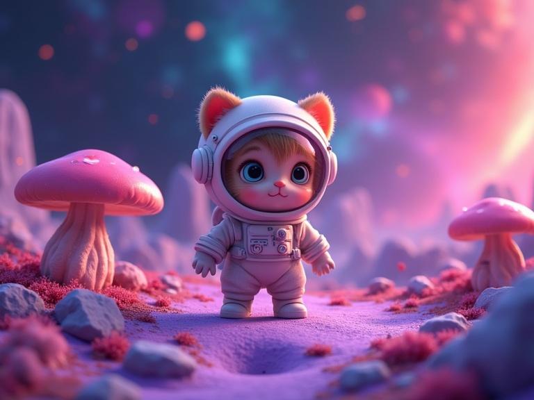 A cute baby cat astronaut is walking on a vibrant alien planet. The ground is purple, and there are glowing mushrooms around. Craters and floating rocks add to the scenery. A colorful galaxy fills the background. The style is cartoonish and 3D animated.